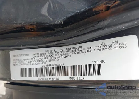 2009 Subaru Outback 2.5I from USA, damaged, VIN 4S4BP60C096337825